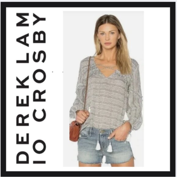 Derek Lam 10 Crosby Stripe Cotton V-Neck Tassel Tie Blouse Tunic - Picture 1 of 4